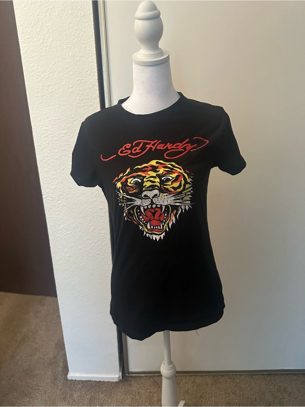 Ed Hardy Black Tee with Red Script and Yellow-Orange Tiger
